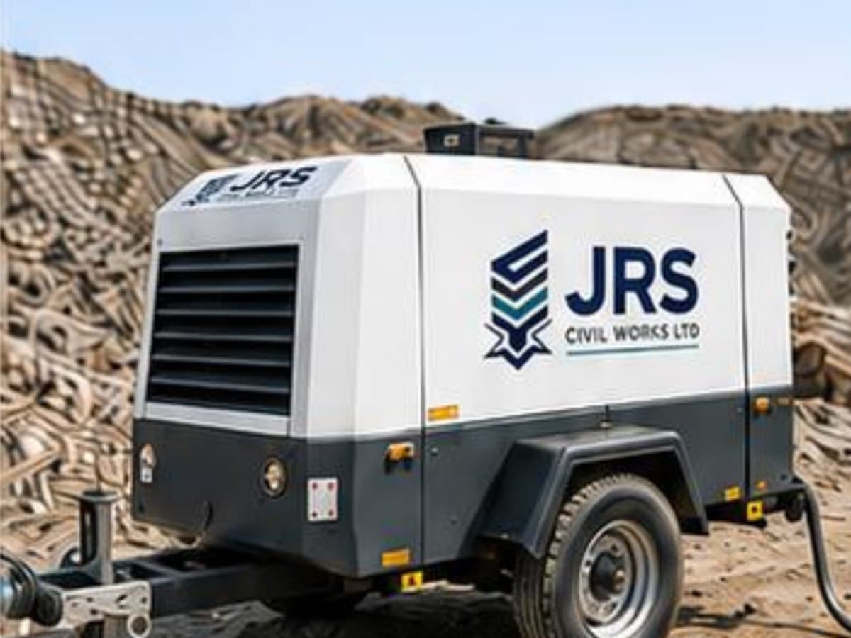 A JRS-branded towable site air compressor unit standing on aggregate ground.