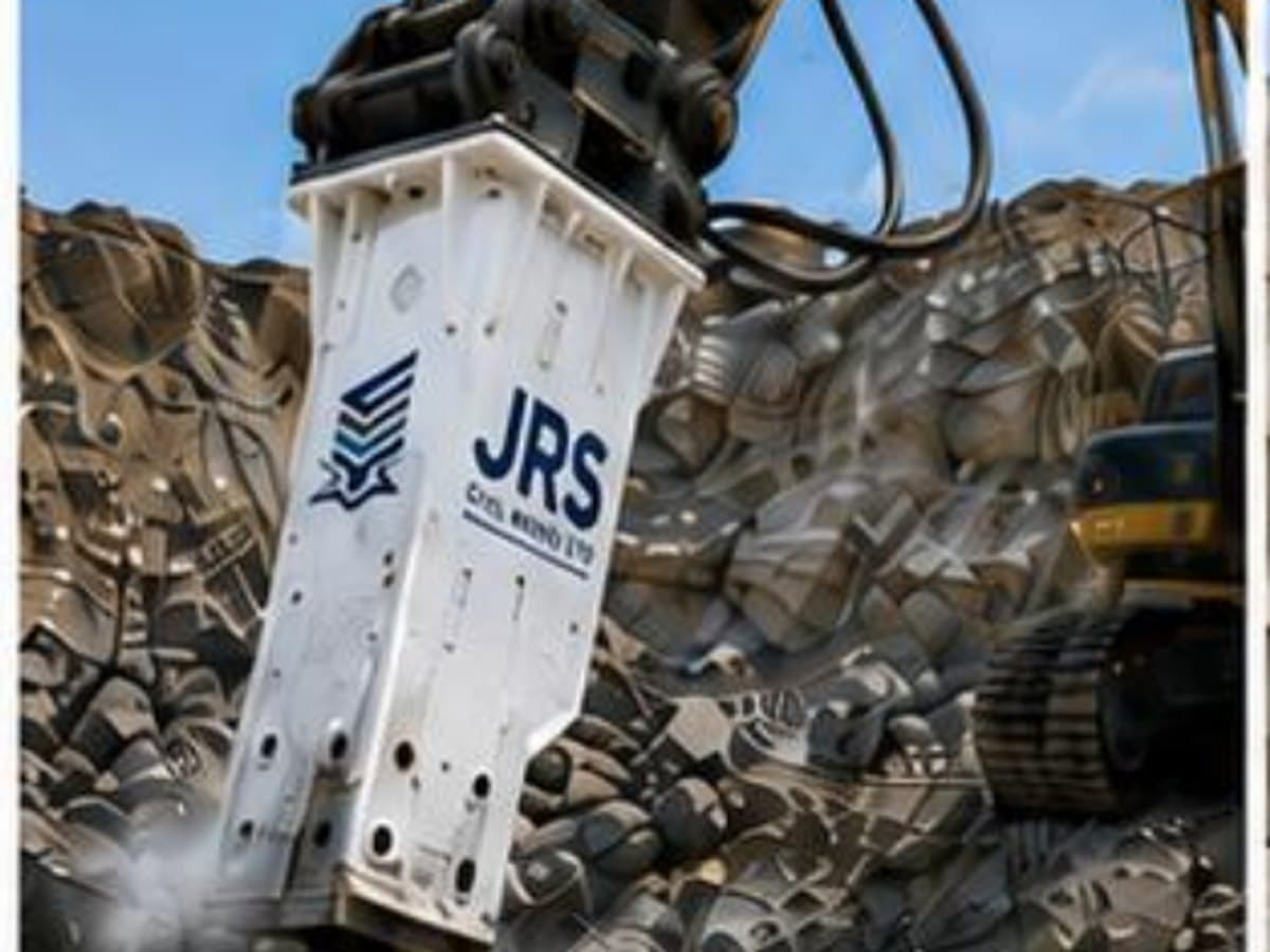 A JRS-branded hydraulic rock breaker attachment on an excavator arm, poised over broken stone.