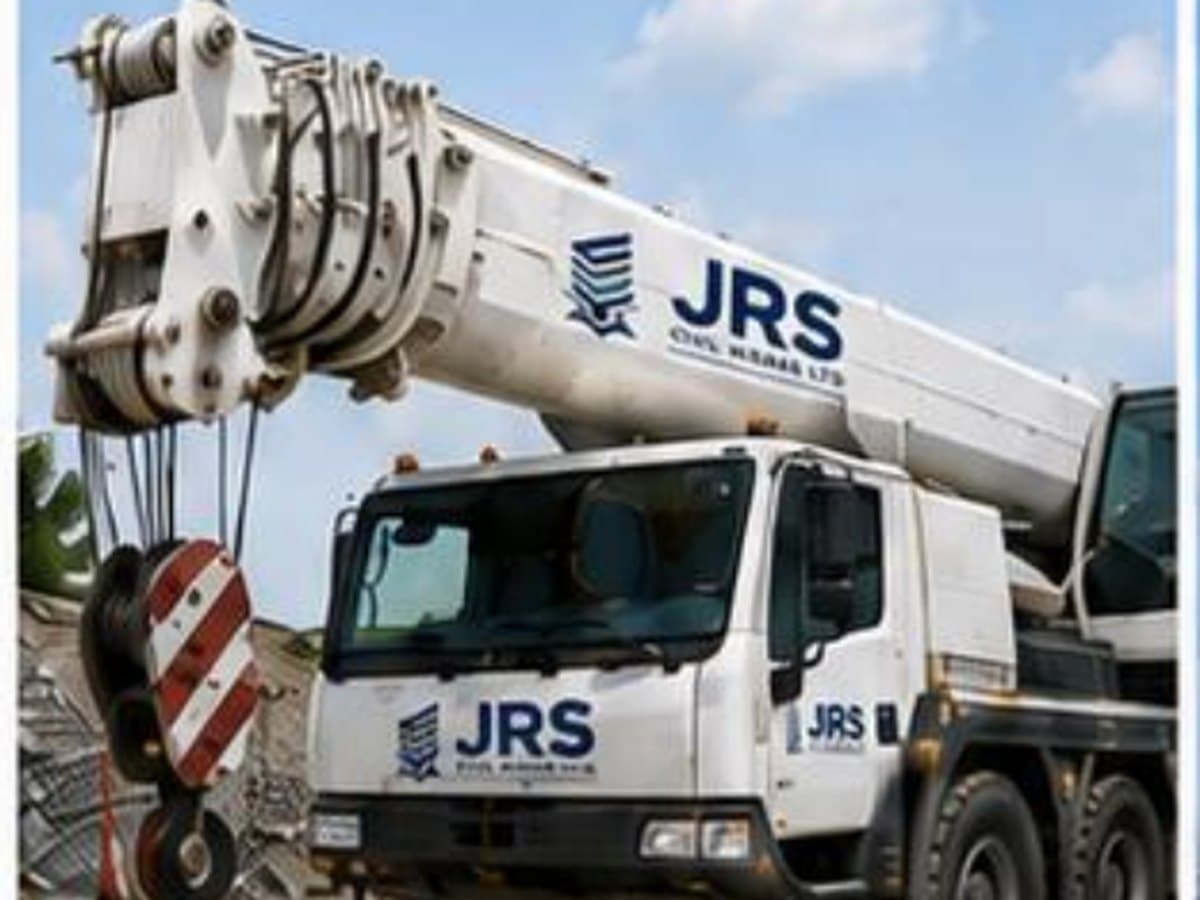 A JRS-branded truck-mounted mobile crane with its telescopic boom and hook block rigged.