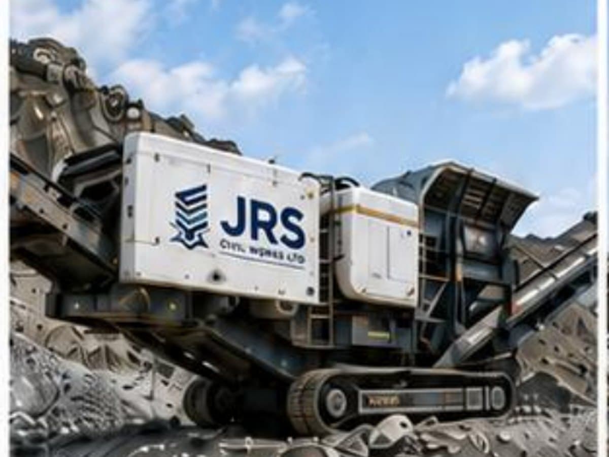 A JRS-branded tracked mobile stone crusher working over a bed of crushed rock.