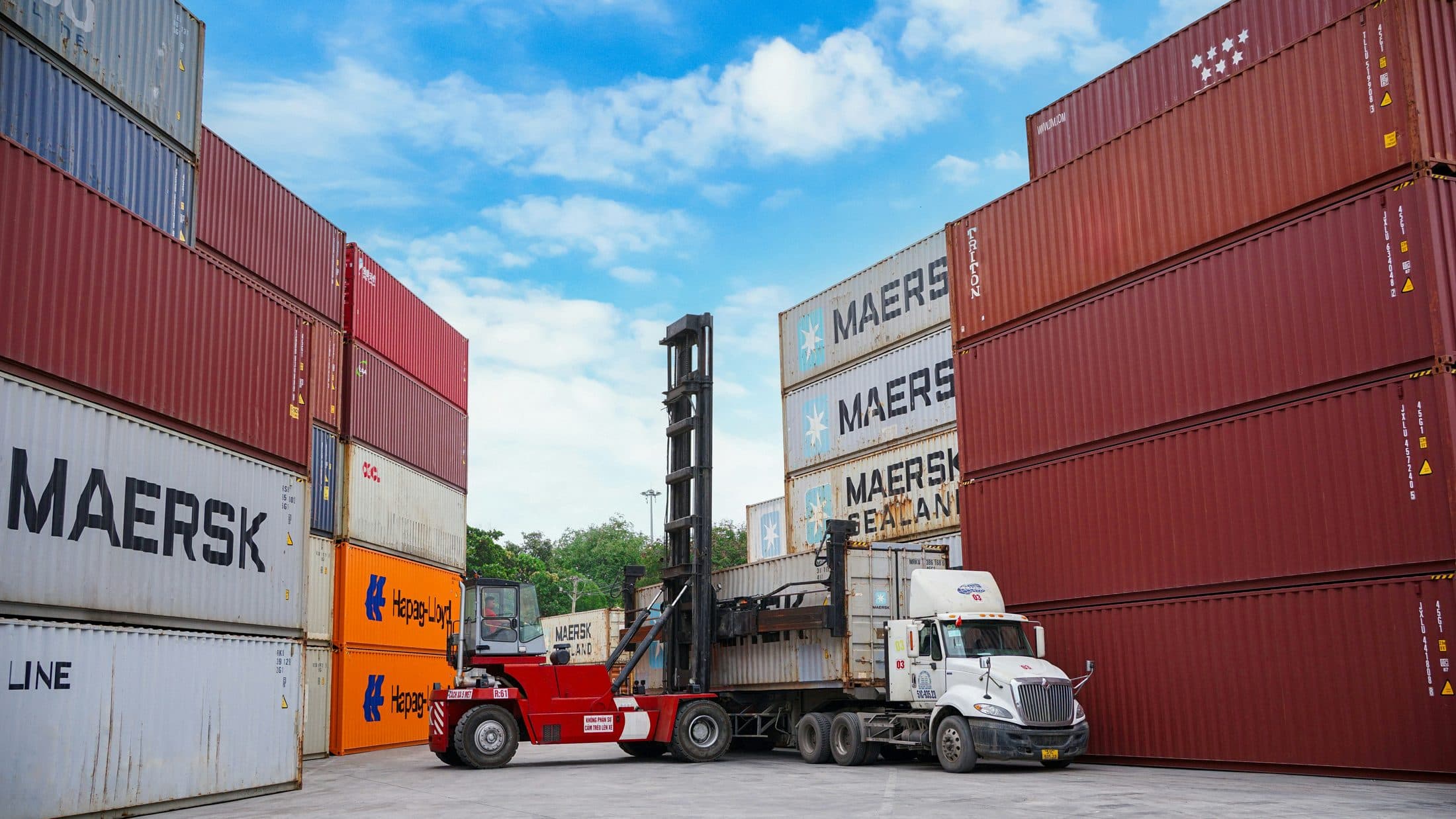 A container handler lifting a container in a yard stacked with shipping containers.