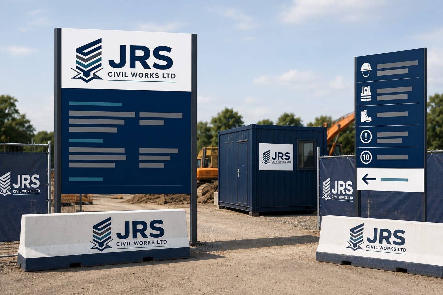 JRS Civil Works Ltd site signage and information boards set up at a project entrance.